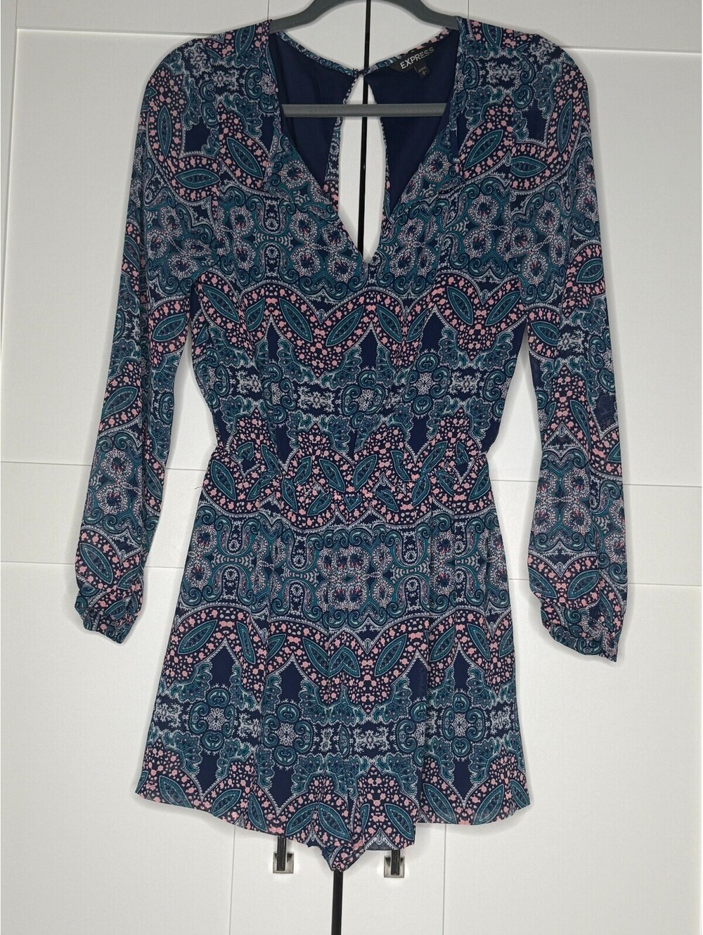 Express Women's XS Paisley Long Sleeve Romper Navy Teal Boho Size SP